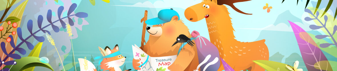 Cartoon bear, rabbit a and moose looking at a map