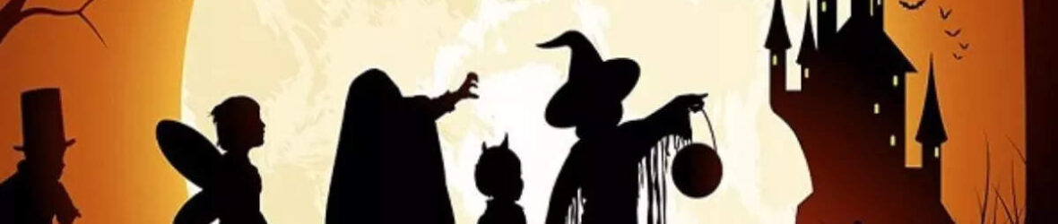 Halloween scene with silhouette of children trick or treating, and a spooky castle in the background.