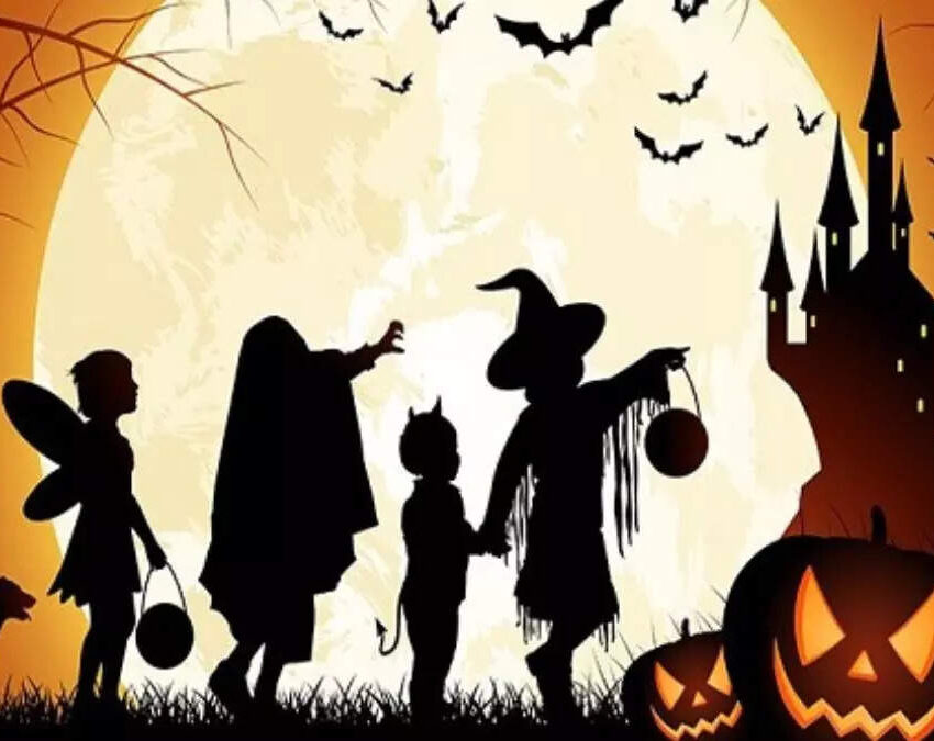 Halloween scene with silhouette of children trick or treating, and a spooky castle in the background.