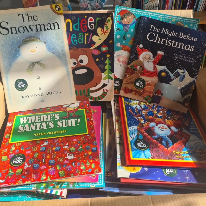 Box containing Christmas books for children