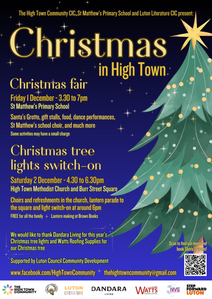 Christmas in High Town poster, blue background with a Christmas tree covered in lights.
